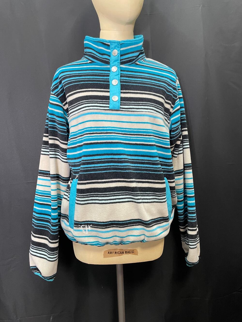 Cowgirl Hardware Fleece Aqua Striped Pullover 3/4 Button Up, Kangaroo Pocket